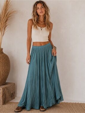 Painted Pony Flowing Maxi Skirt in Teal Green Indie Boho Style Open Size
